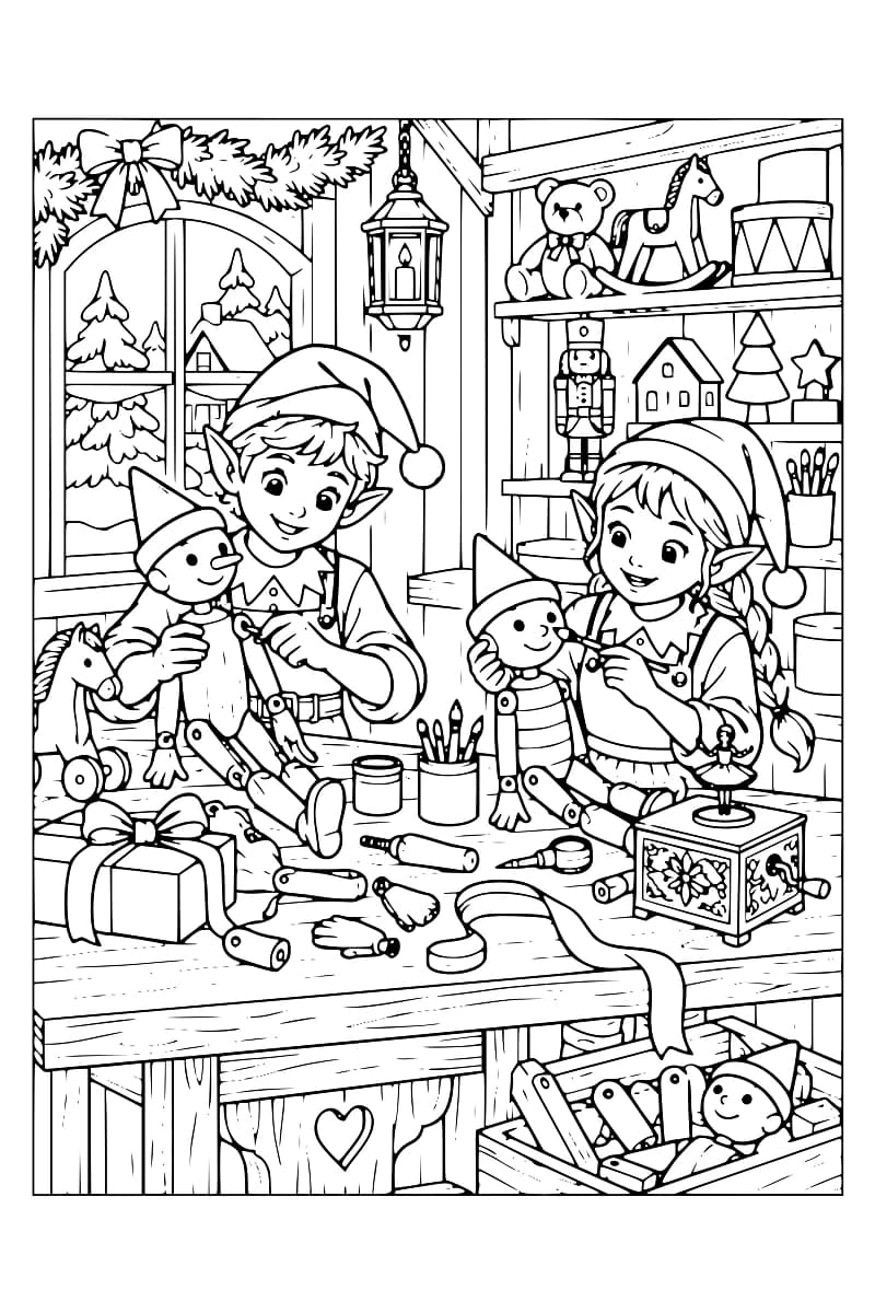 Dessin en noir et blanc représentant deux lutins travaillant à un établi avec un pantin, un cheval à bascule, une boîte à musique et divers jouets en bois.