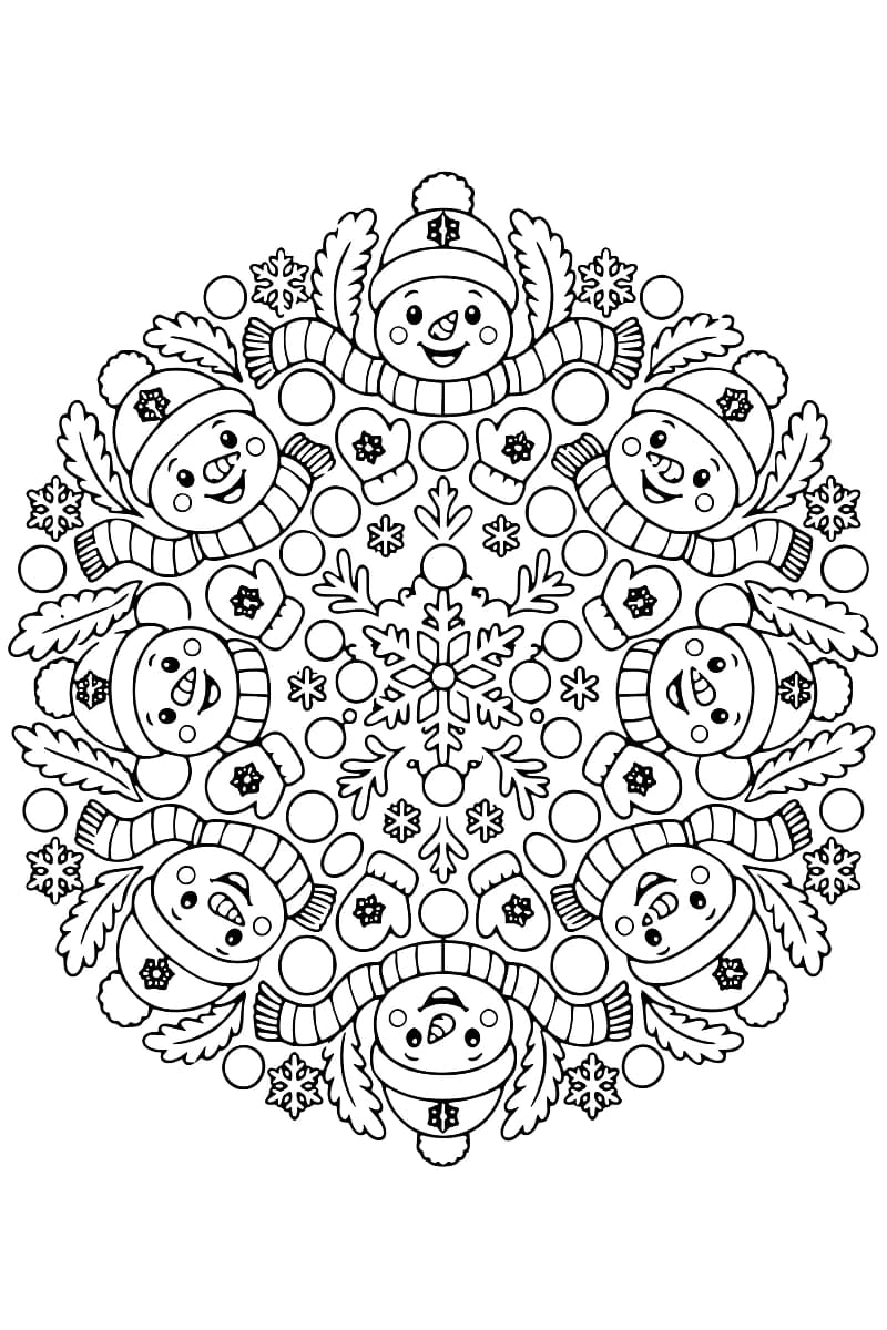Dessin noir et blanc en forme de mandala montrant huit bonshommes de neige disposés autour d’un grand flocon central.