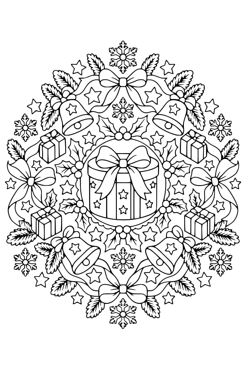 Dessin en noir et blanc d’un mandala festif avec une grande boîte cadeau centrale, des nœuds, des clochettes, des flocons de neige, des étoiles et des branches de houx.