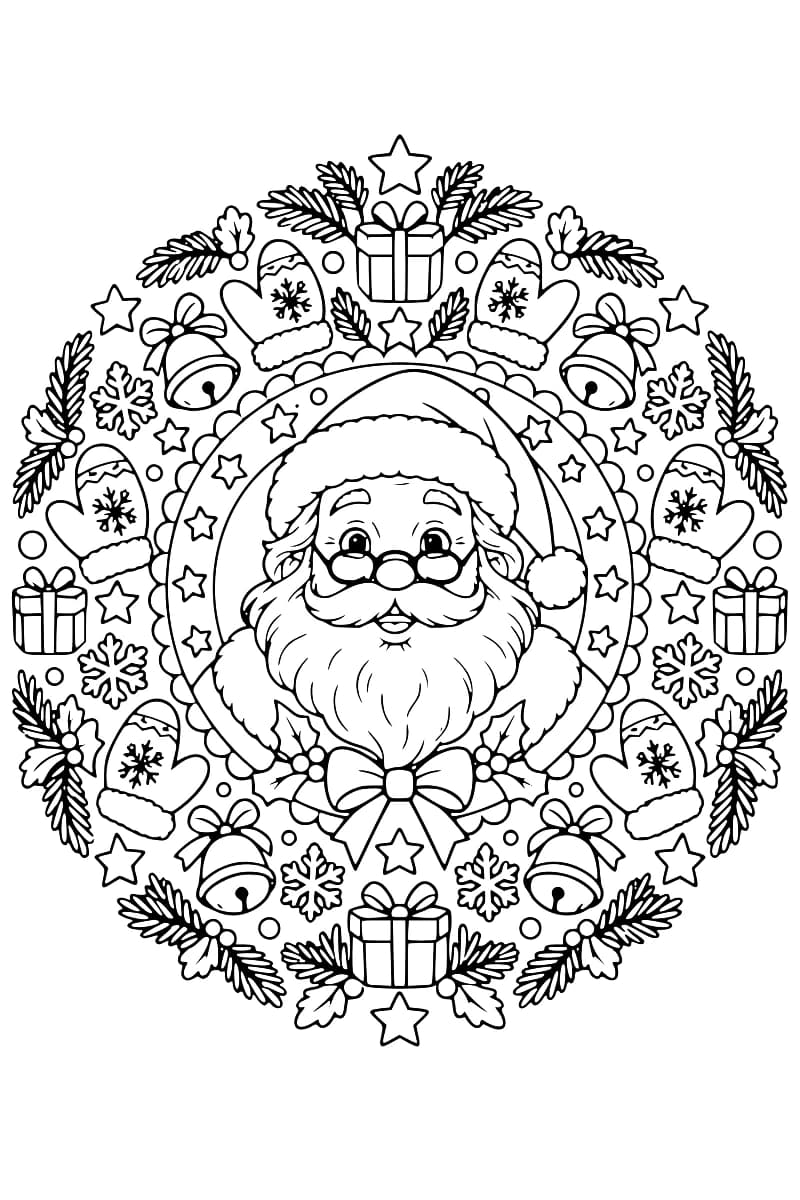 Dessin en noir et blanc représentant le Père Noël au centre d’une composition circulaire avec des motifs de Noël et d’hiver.