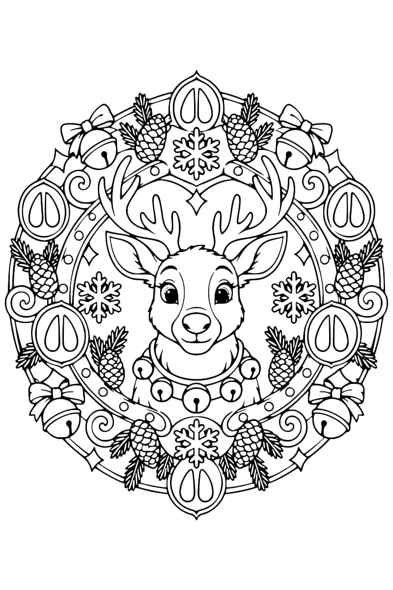 Dessin en noir et blanc d’un mandala à colorier avec un renne au centre, entouré de clochettes, de pommes de pin, de flocons et de nœuds.