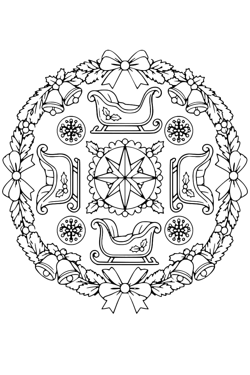 Dessin au trait de quatre traîneaux disposés autour d’une étoile à huit branches, avec des flocons et une couronne de houx, de nœuds et de clochettes.