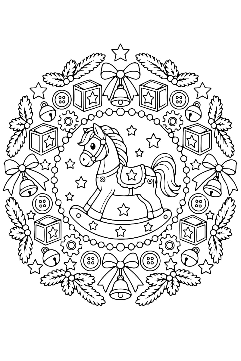 Dessin en noir et blanc d’un cheval à bascule au centre d’un motif circulaire orné de jouets et d’éléments décoratifs répétés.