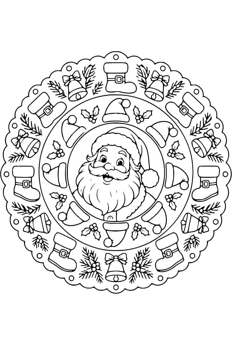 Dessin en noir et blanc d’une rosace avec le visage du Père Noël au centre, entouré de motifs de Noël.