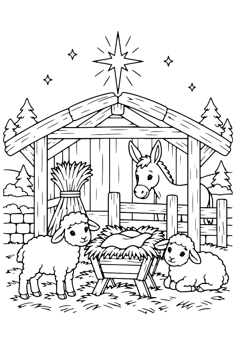 Dessin à colorier d’une étable avec une mangeoire garnie de paille, deux moutons, un âne, des sapins et une grande étoile.