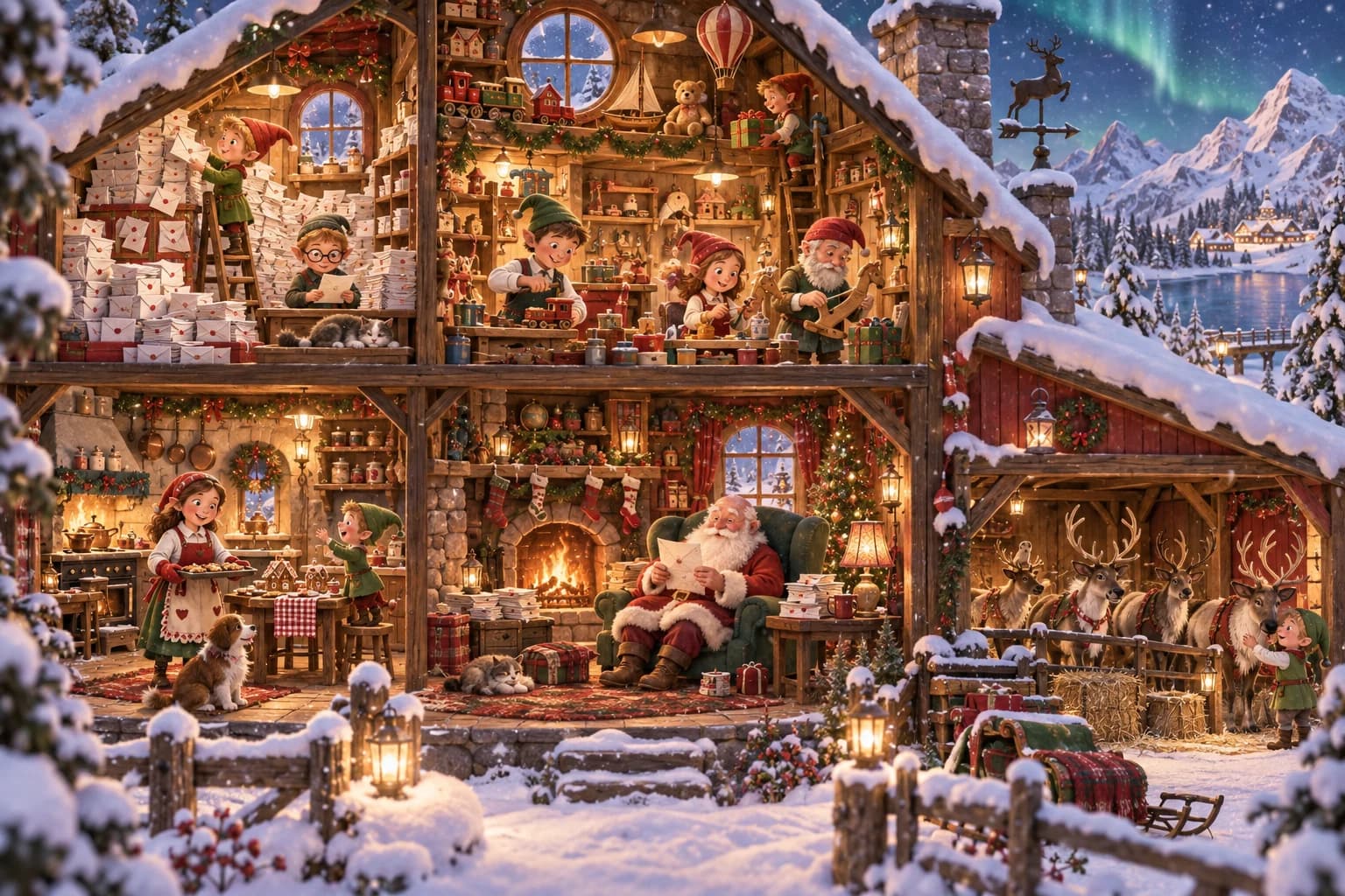 La maison du Père Noël en coupe, entourée de neige