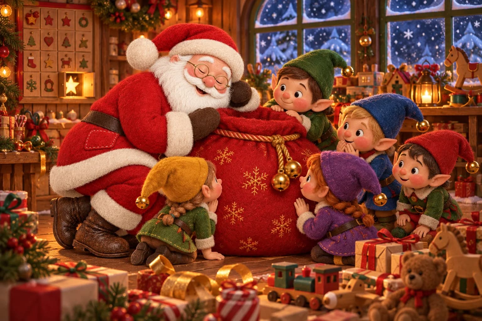 Dans l’atelier enneigé, le Père Noël et les jeunes lutins entourent la hotte rouge sous le calendrier ouvert.