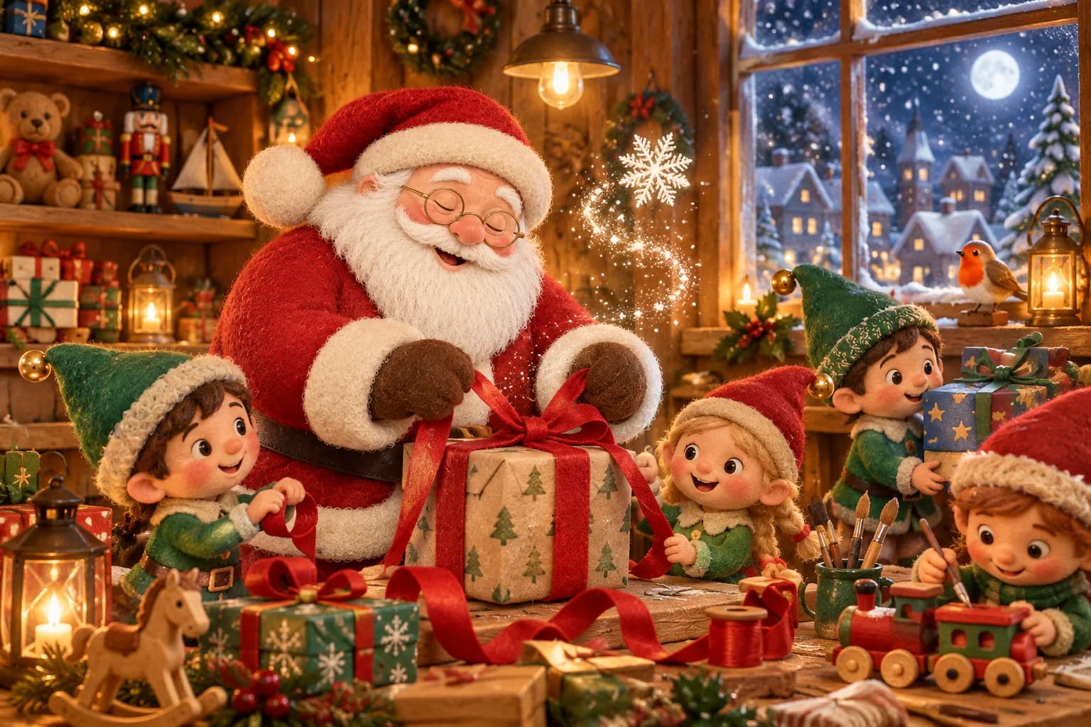 Dans l’atelier éclairé, les lutins préparent des cadeaux près du Père Noël, tandis qu’un flocon tourbillonne.