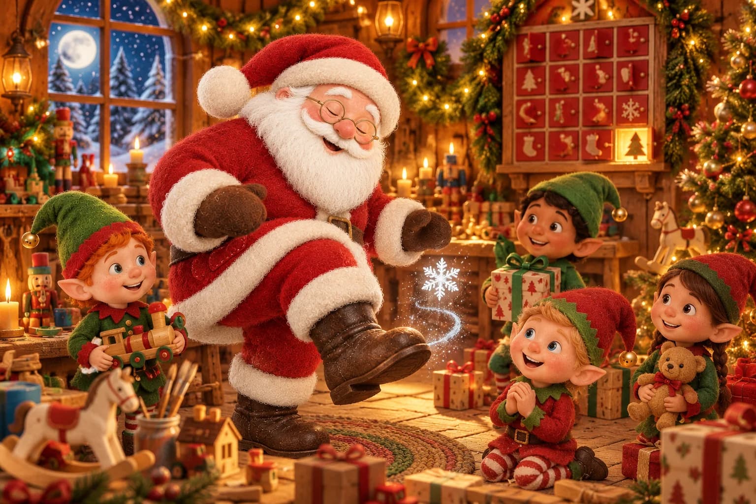 Dans l’atelier illuminé, le Père Noël barbu observe de jeunes lutins sans barbe emballant des jouets près du calendrier.