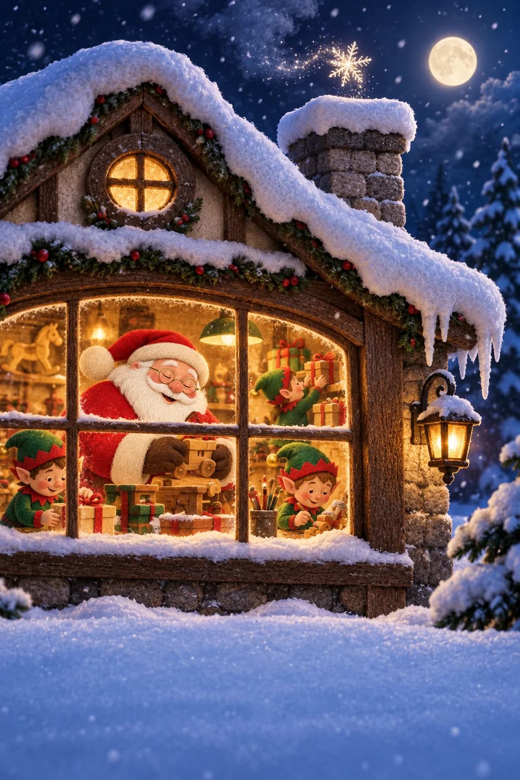 Le Père Noël et les lutins travaillent dans un atelier chaud sous un petit flocon brillant.
