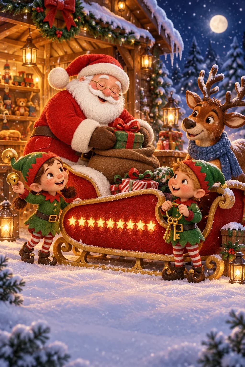 Le Père Noël et ses lutins entourent un traîneau rouge aux dix étoiles lumineuses.