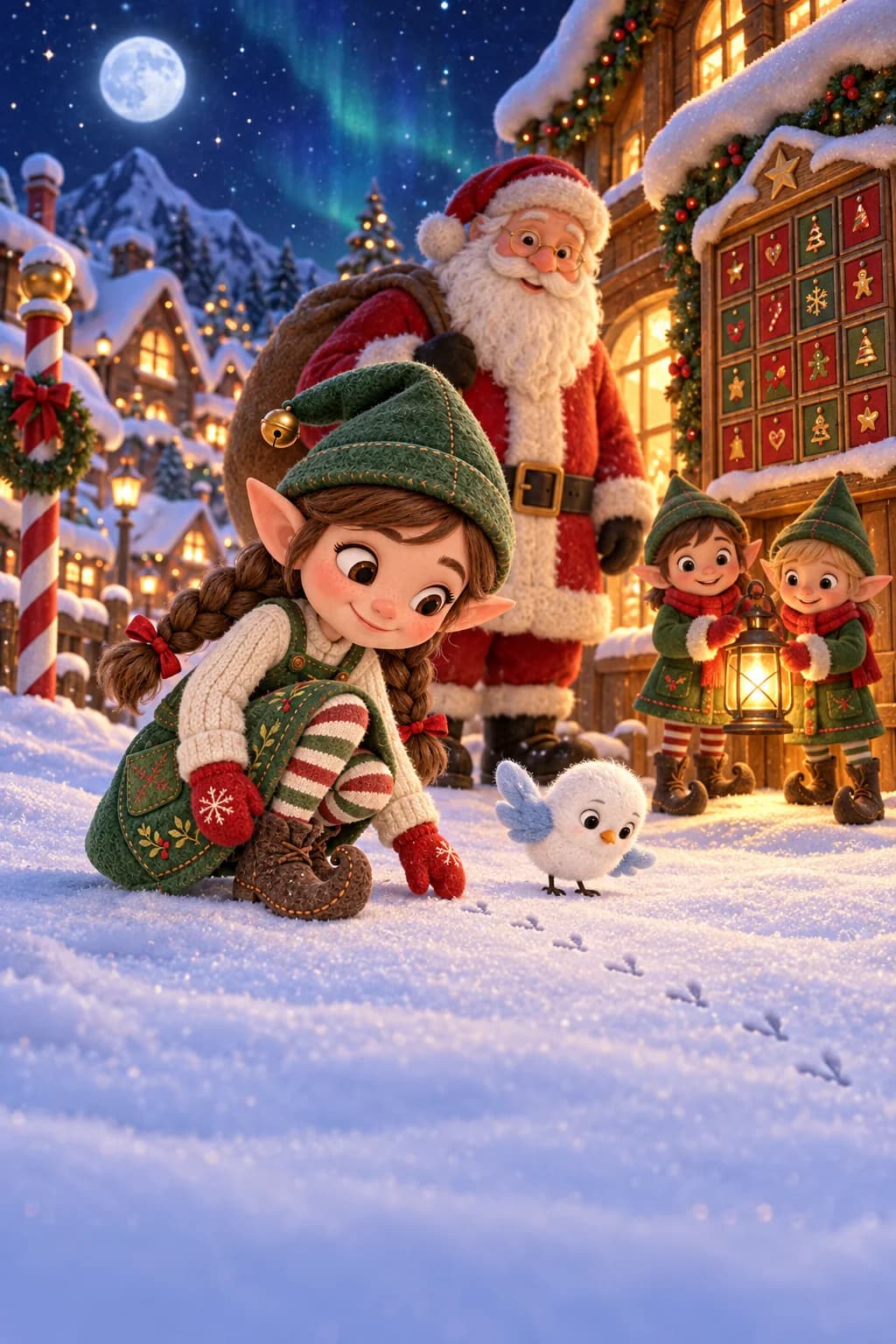 Malo suit de petites traces dans la neige, tandis que Plumet vole devant l’atelier illuminé.