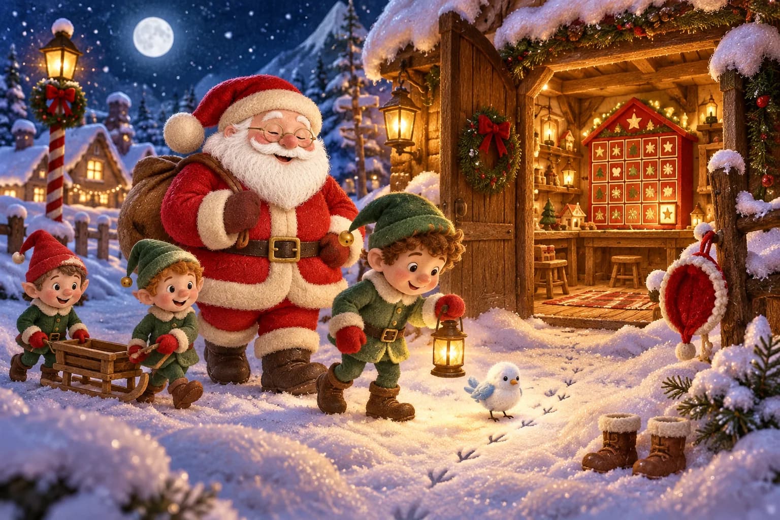 Malo suit les petites empreintes de Plumet avec sa lanterne, tandis que le Père Noël observe près de l’atelier enneigé.