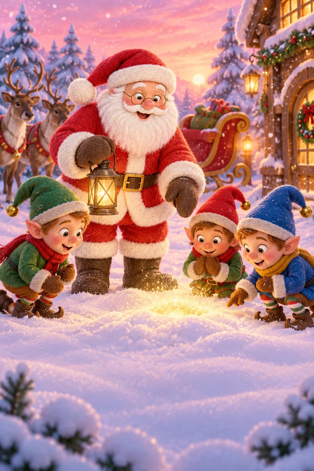 Le Père Noël et ses lutins découvrent une mystérieuse lueur dorée dans la neige.