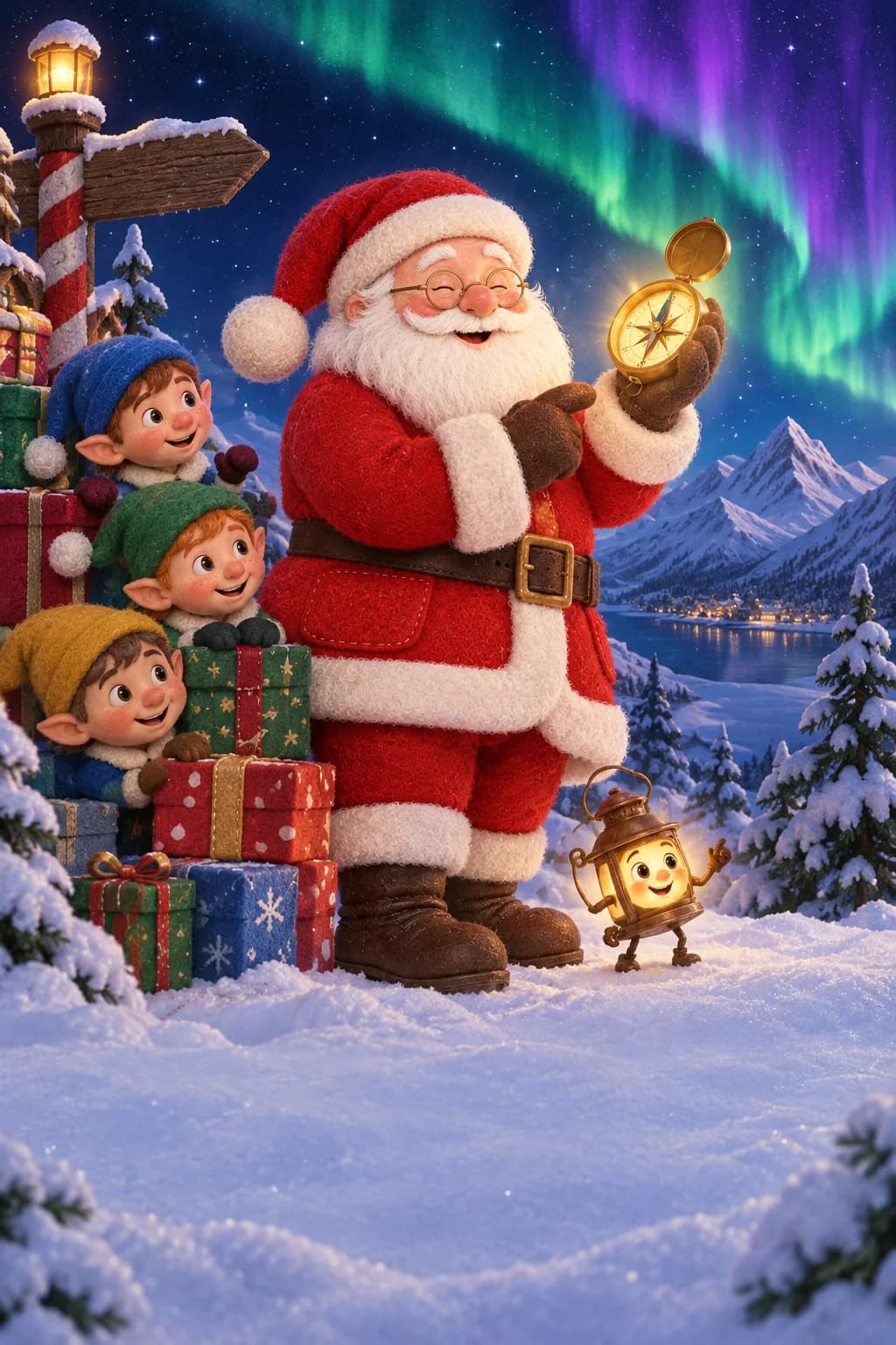 Le Père Noël tient une boussole dorée sous des aurores vertes et violettes.