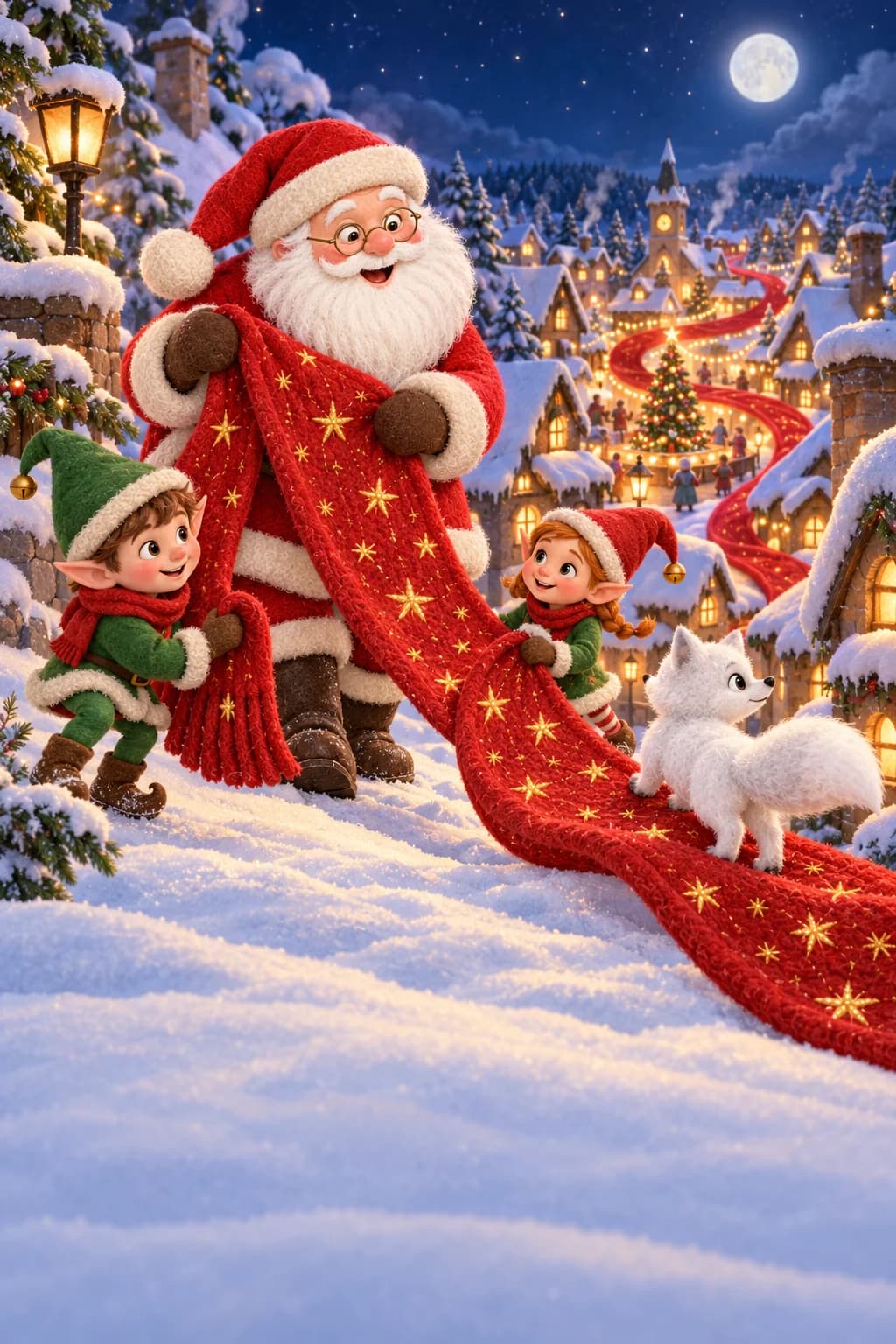 Le Père Noël et deux lutins soulèvent une écharpe étoilée qui serpente entre les maisons enneigées.