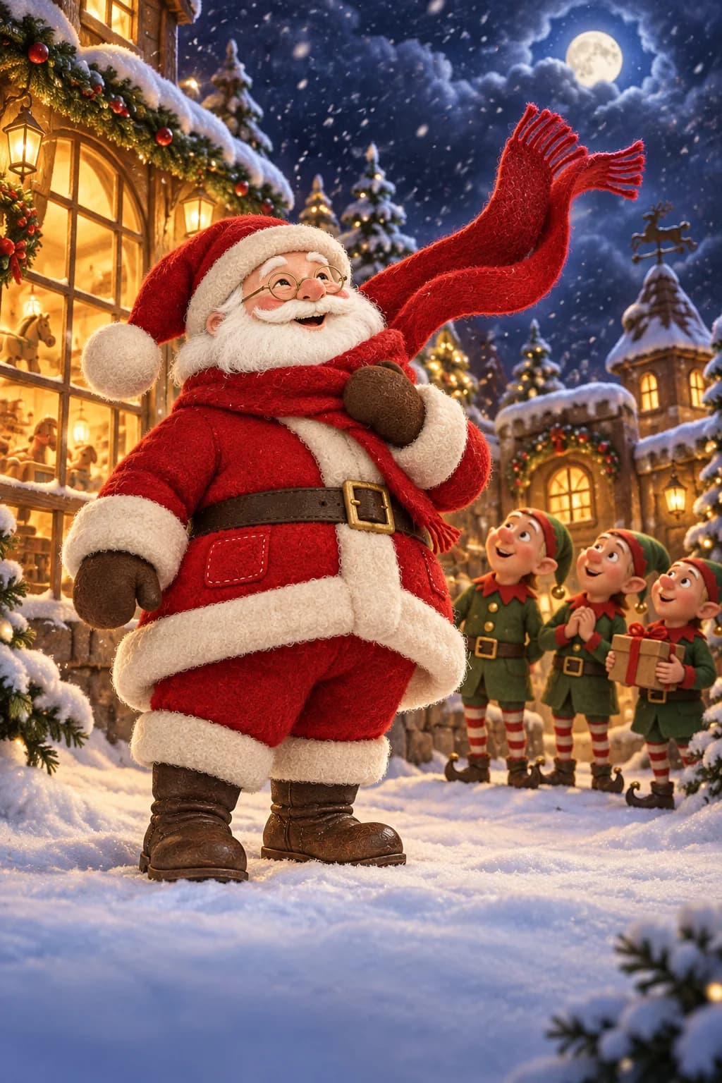 Le Père Noël regarde son écharpe rouge s’envoler au-dessus du village enneigé.