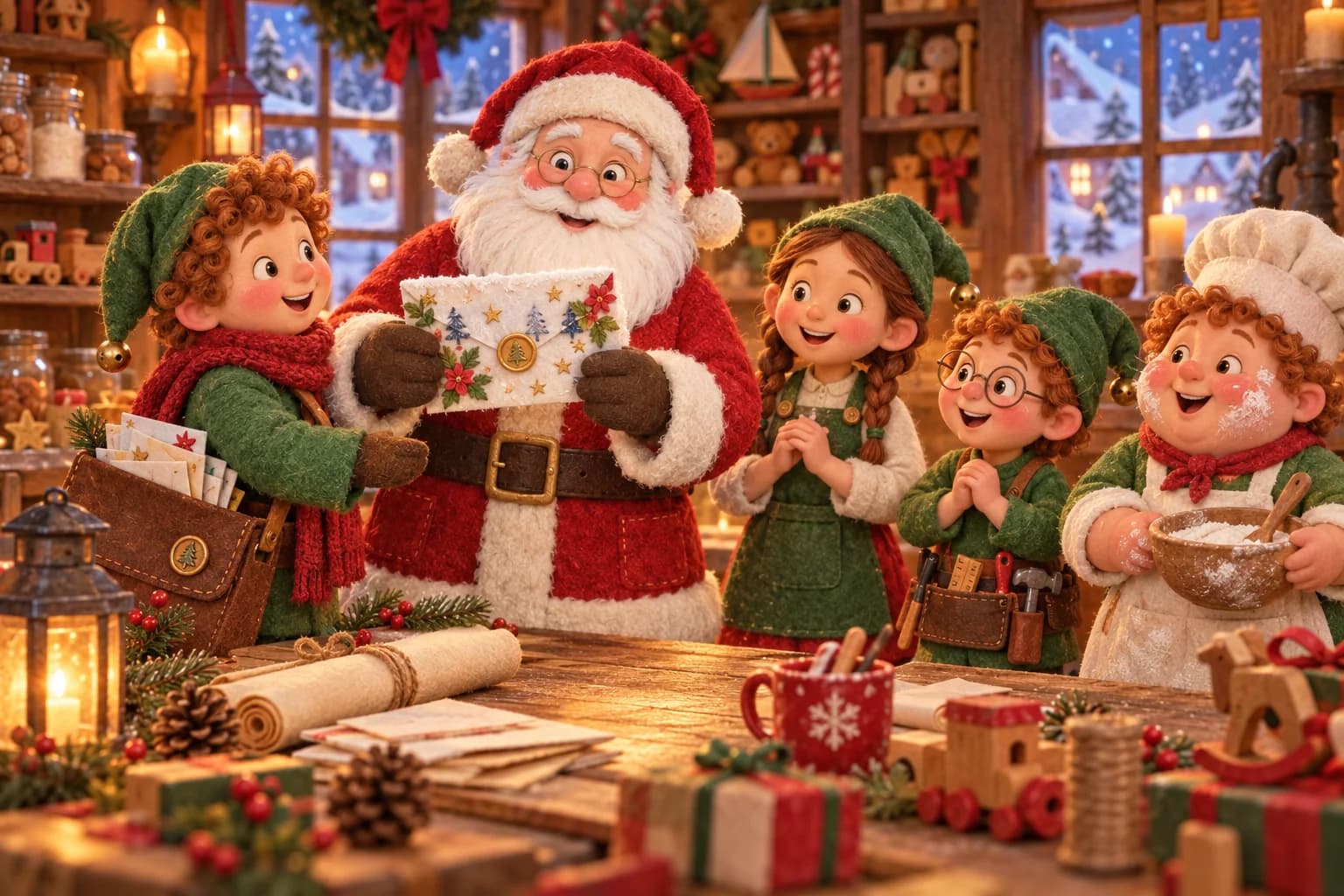 Dans l’atelier enneigé, le lutin bouclé présente l’enveloppe décorée au Père Noël entouré des trois autres lutins.