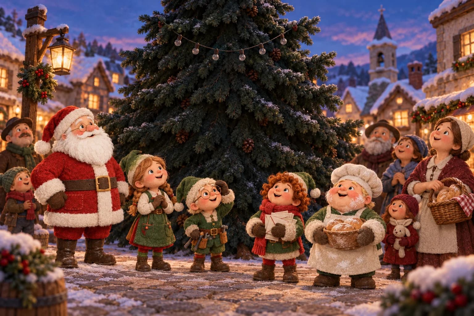 Sur la place enneigée de Clairval, le sapin presque sombre est entouré par le Père Noël, ses lutins et des habitants.