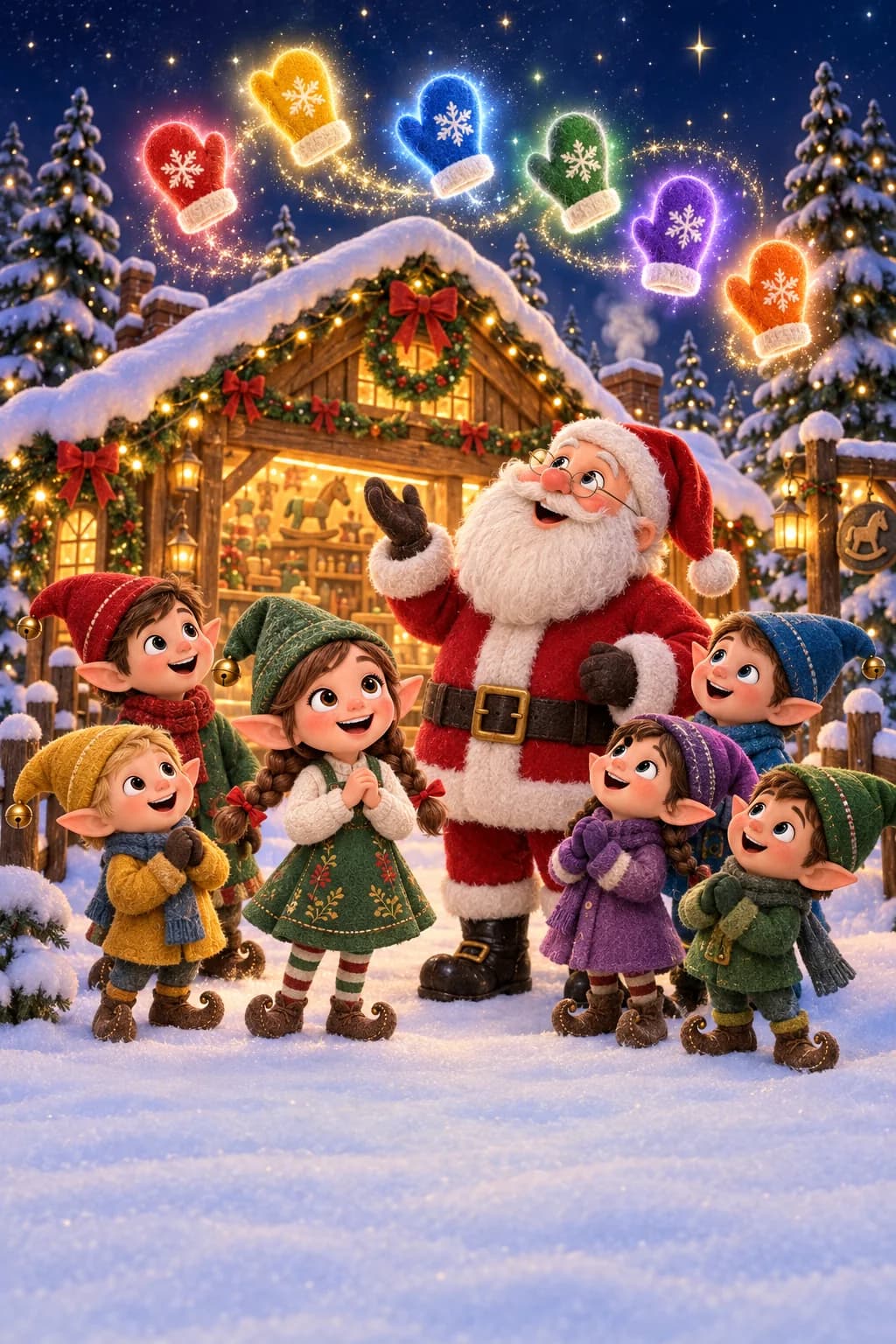 Six glowing colorful mittens dance above Santa’s snowy workshop while Santa and six elves look up.