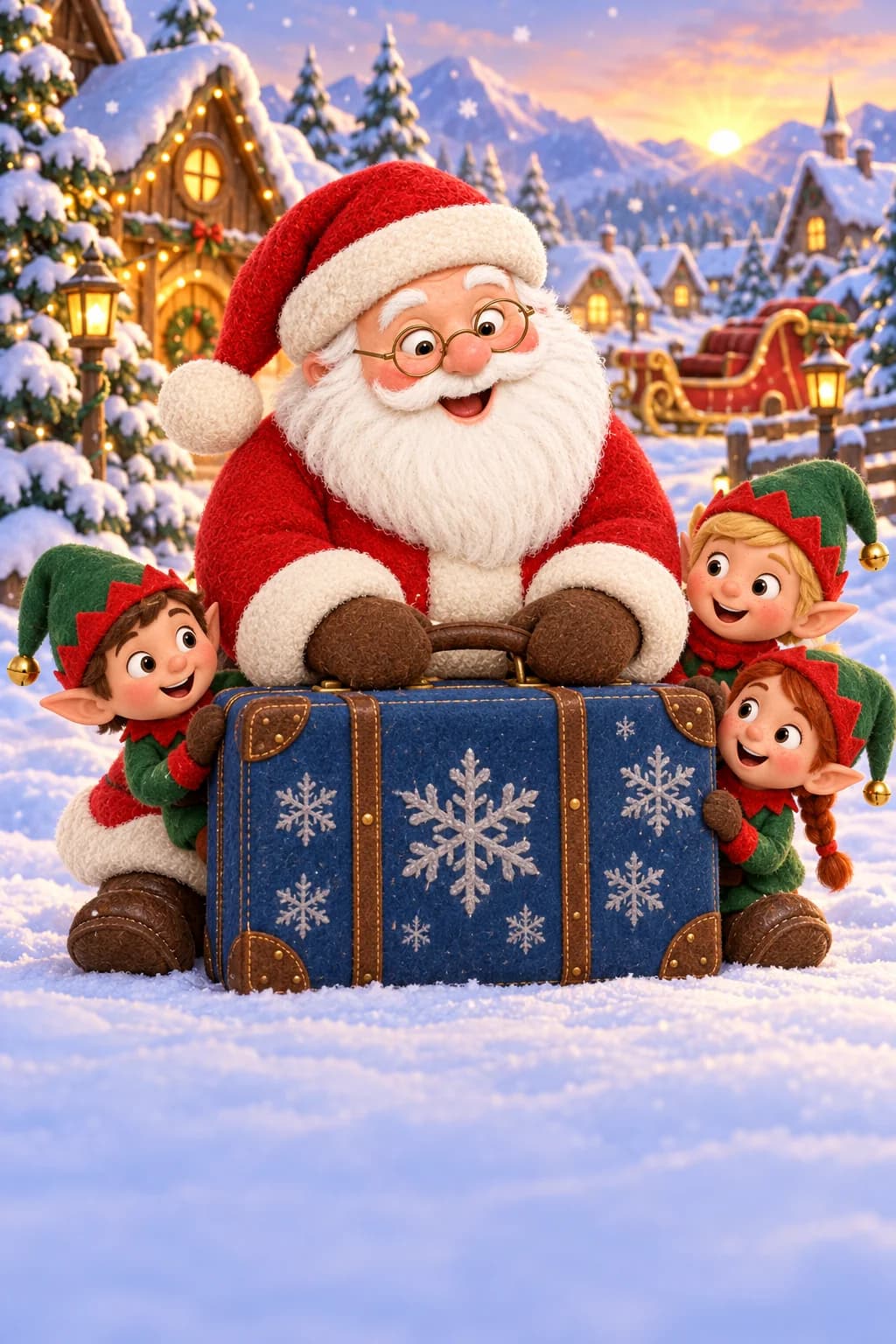Le Père Noël et trois lutins observent une valise bleue d’où s’échappent quelques flocons.