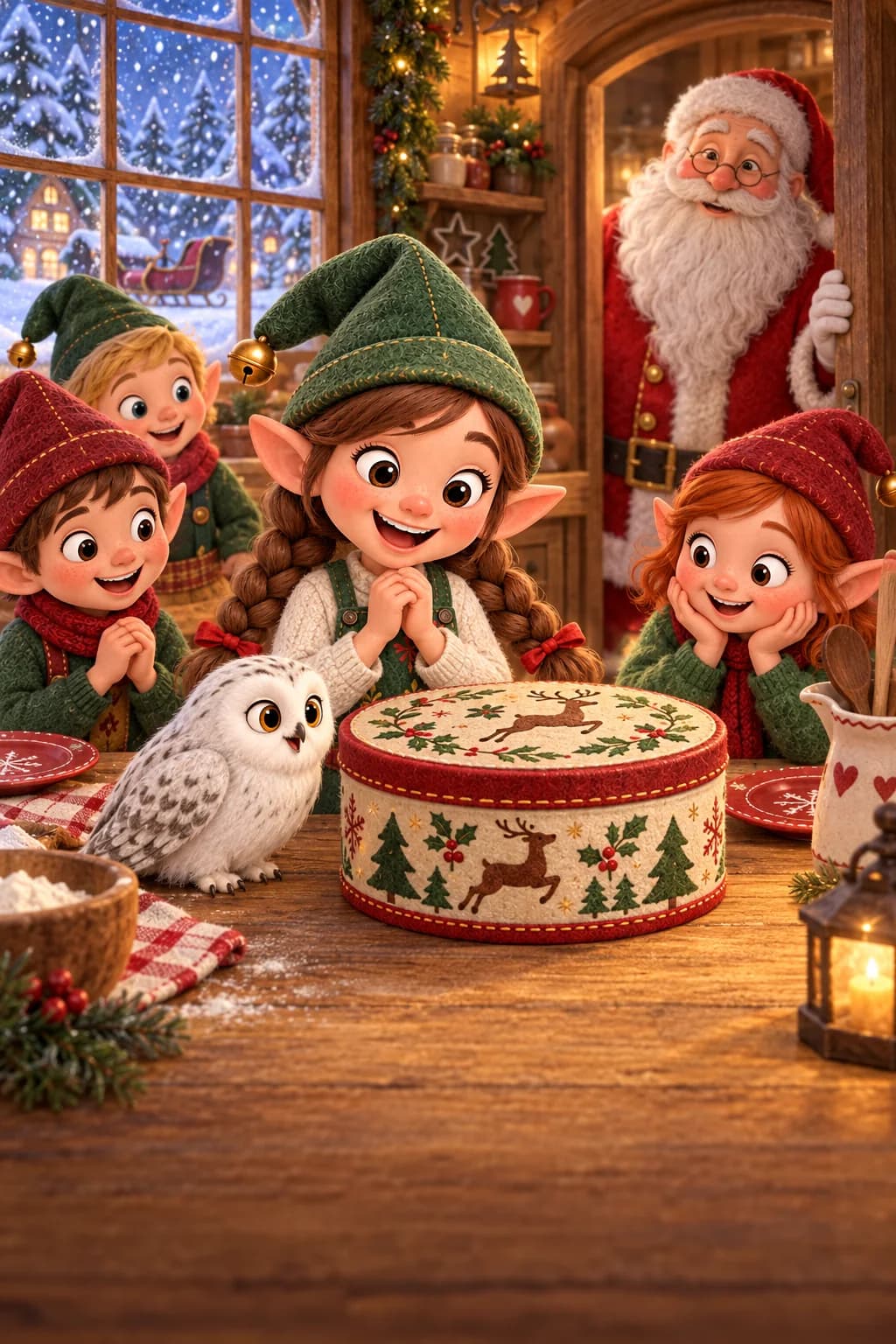 Les lutins entourent une boîte à biscuits, tandis que Biscotte et le Père Noël les regardent.