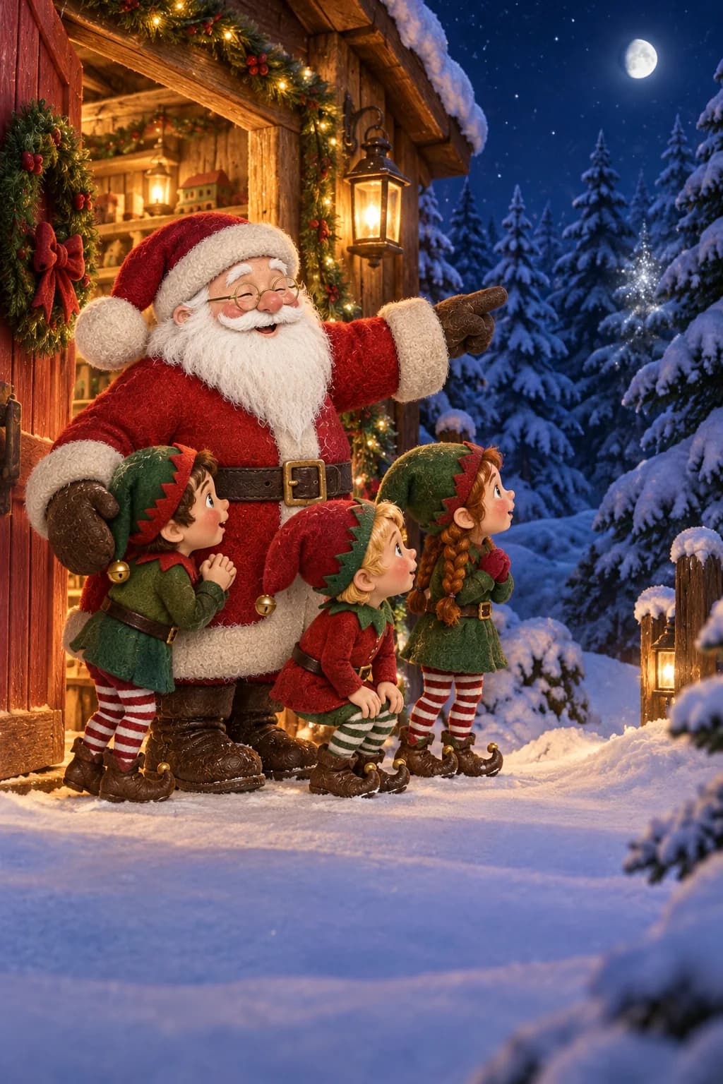 Le Père Noël et ses lutins regardent une forêt enneigée depuis l’atelier illuminé.
