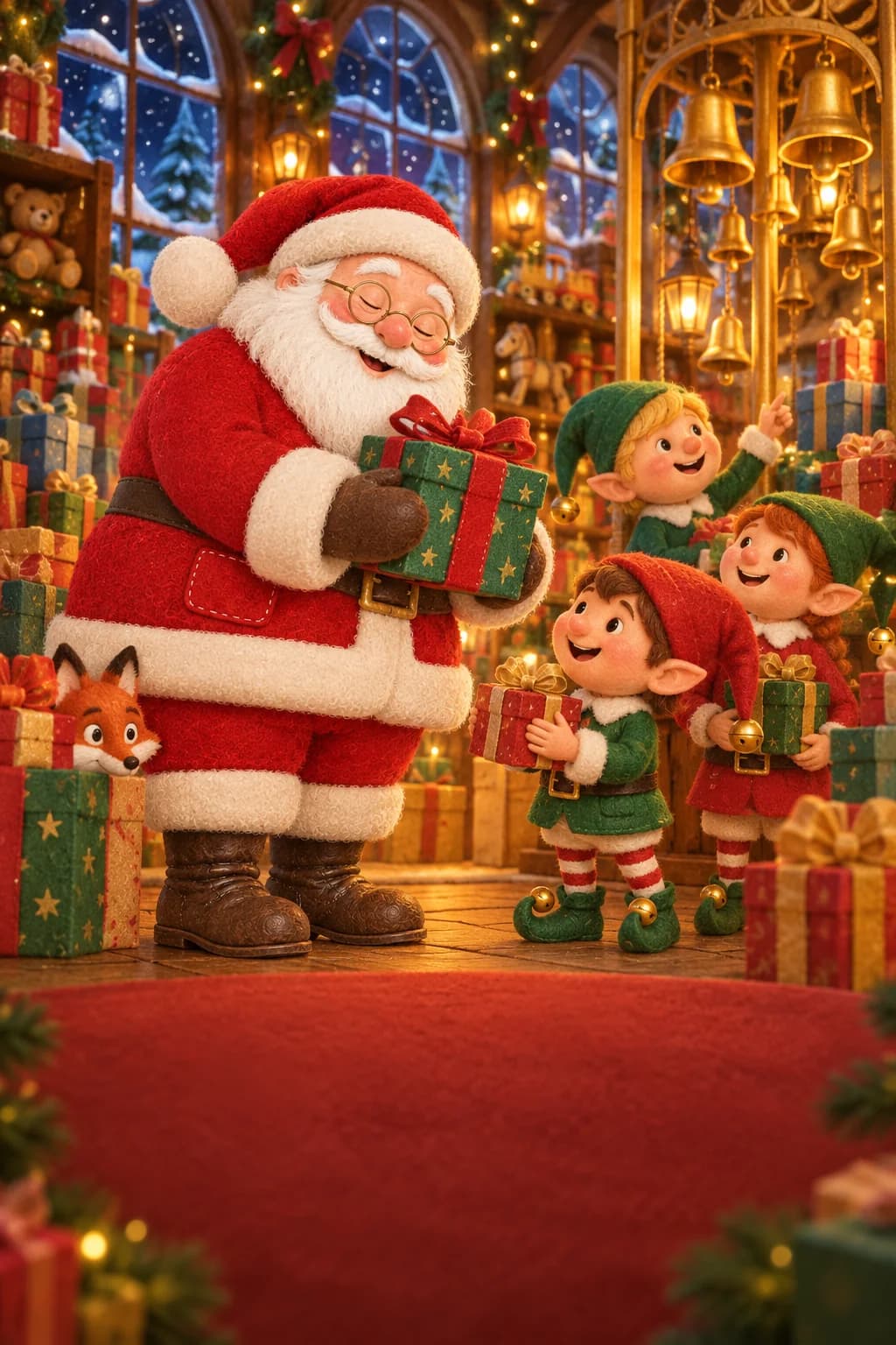 Le Père Noël et les lutins observent une grande réserve de cadeaux sous la neige.