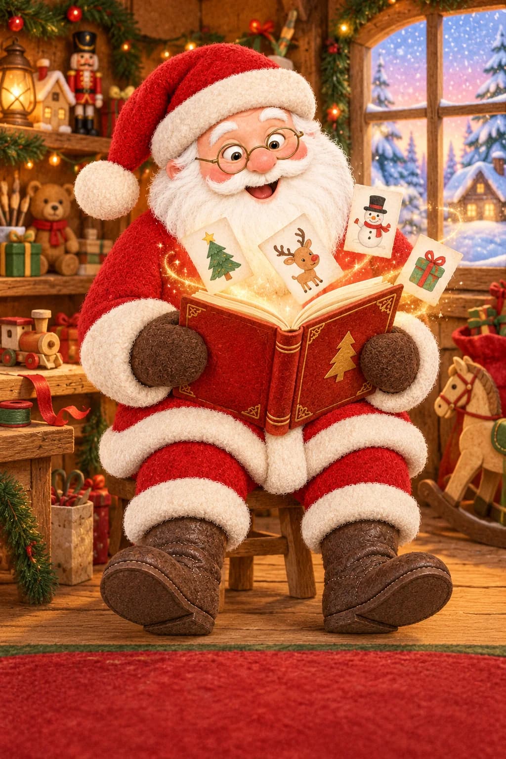 Le Père Noël tient un carnet rouge entrouvert, d’où s’échappent de petits dessins de papier.