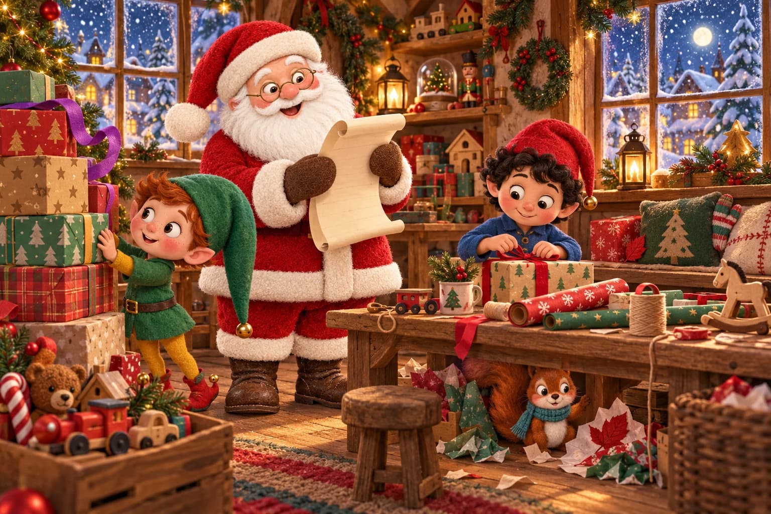 Dans l’atelier enneigé, le Père Noël consulte sa liste pendant que Toupie transporte des boîtes et Noisette se cache sous la table.