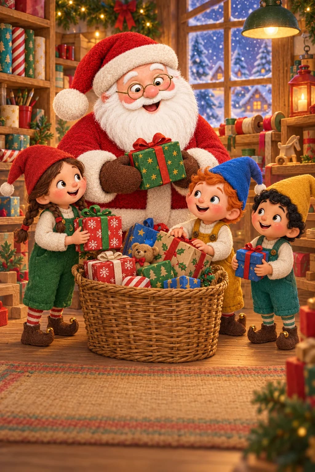 Le Père Noël et trois lutins entourent un grand panier rempli de cadeaux dans l’atelier enneigé.