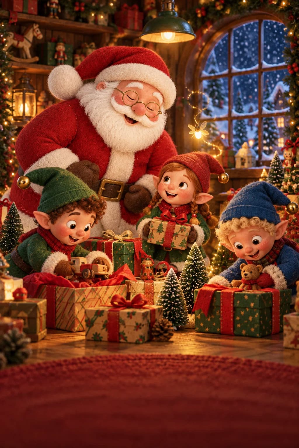 Le Père Noël et trois lutins cherchent une petite lumière dorée parmi les cadeaux illuminés.