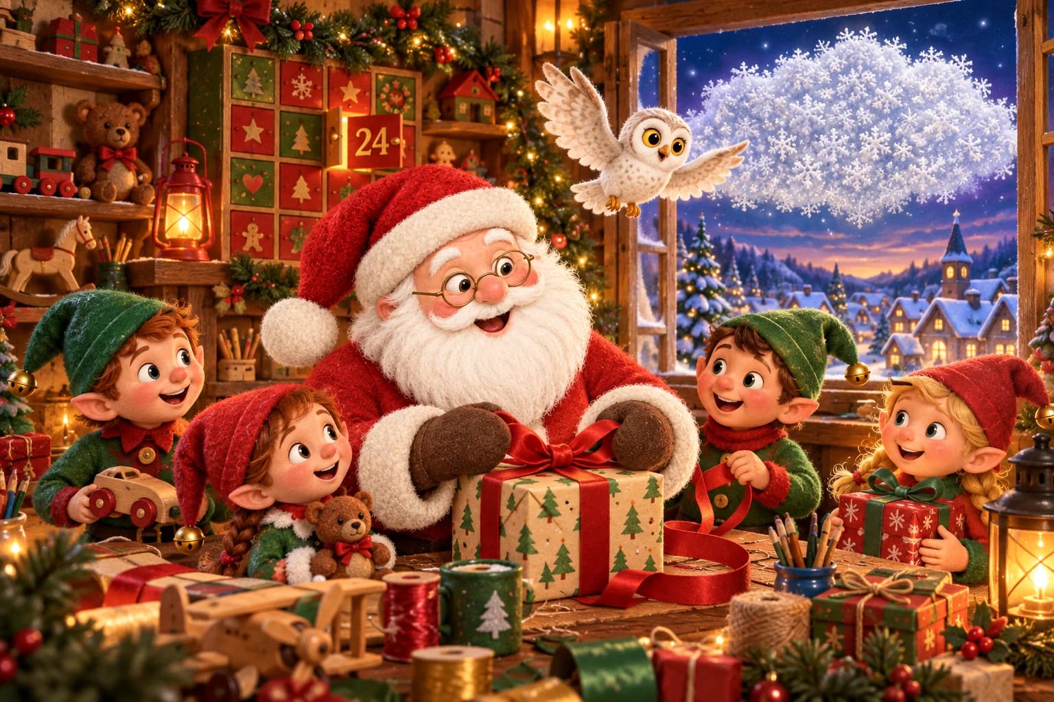 Dans l’atelier chaleureux, le Père Noël barbu observe la case 24, entouré de lutins, cadeaux, rubans et de Plume.