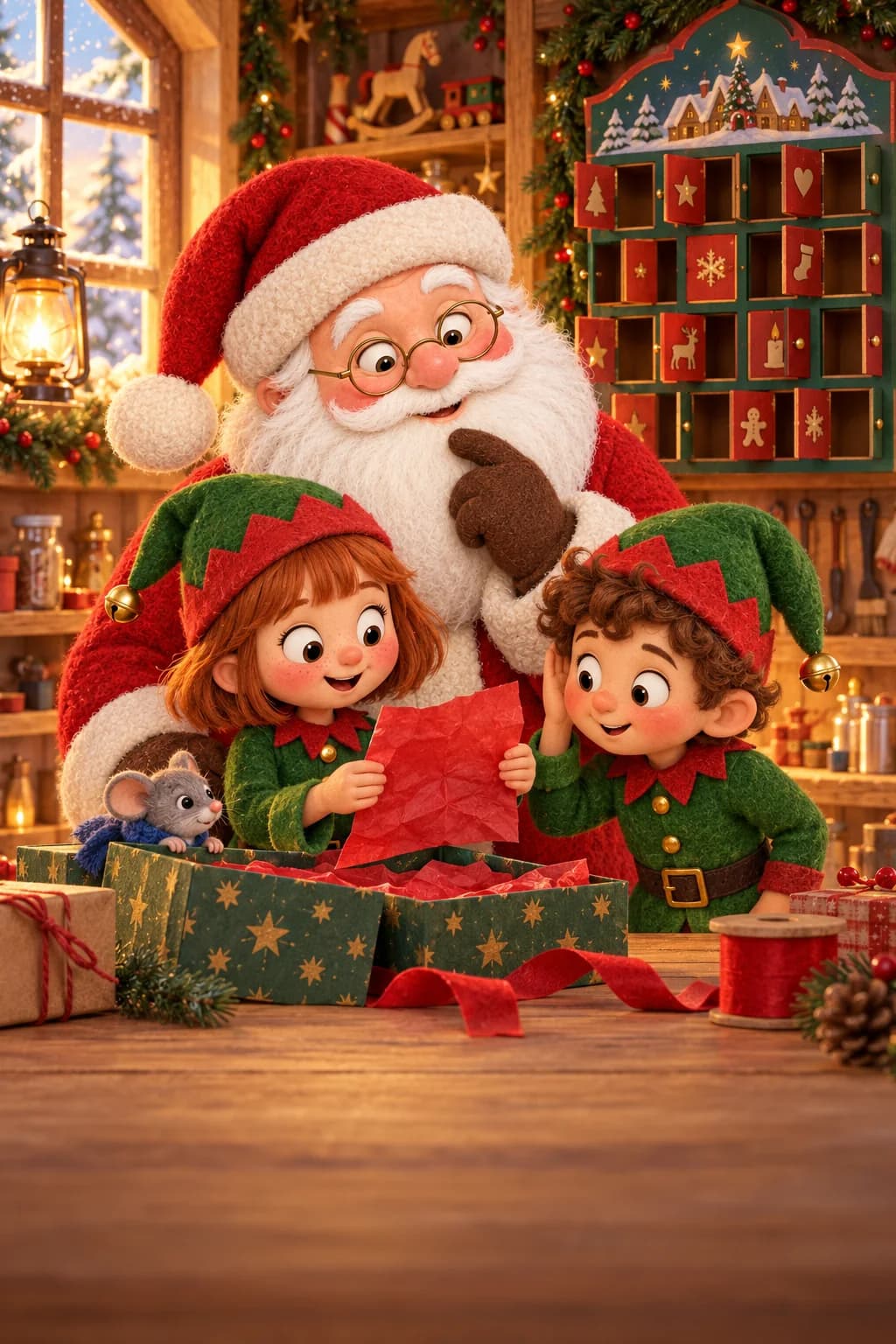 Le Père Noël et les lutins observent une feuille rouge, tandis que Plume dépasse d’une boîte.