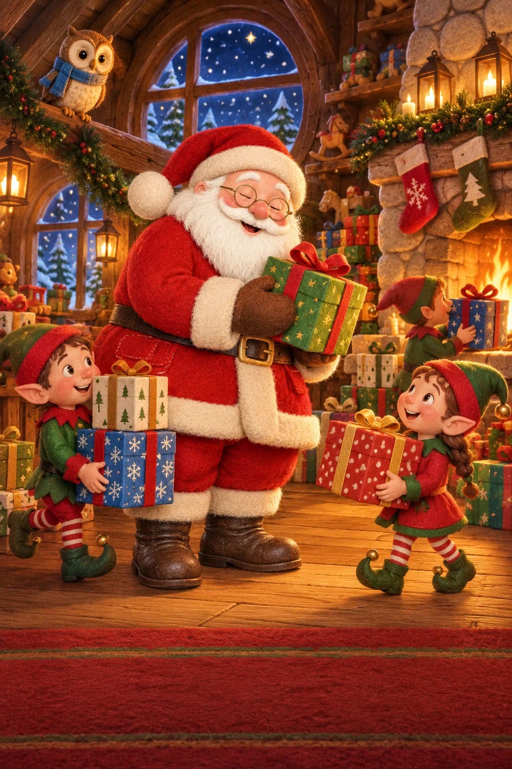 Le Père Noël et les lutins préparent des cadeaux dans l’atelier enneigé, sous le regard de Noé.