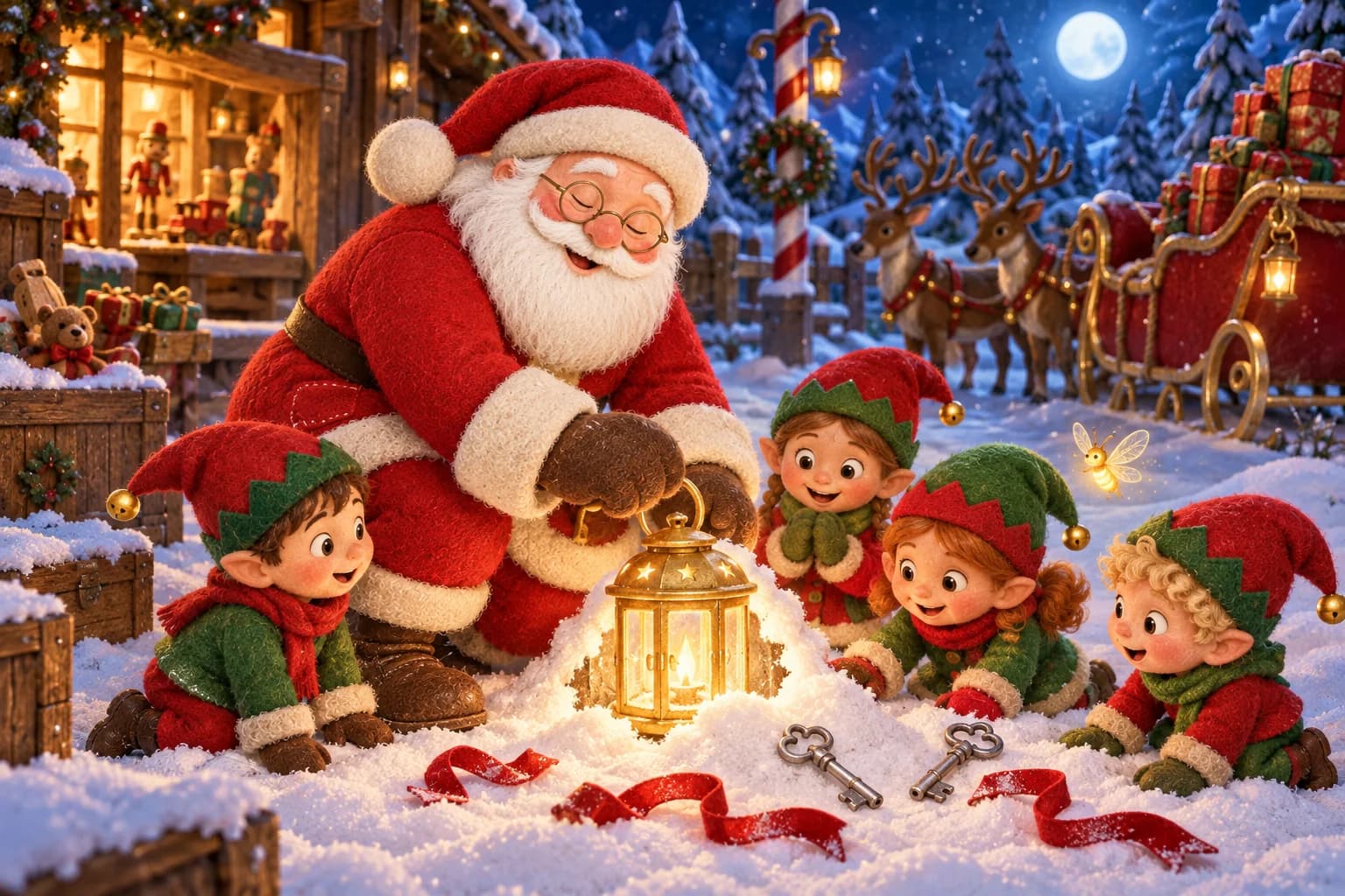 Sous la neige, le Père Noël allume une lanterne dorée tandis que quatre lutins la découvrent près du traîneau.