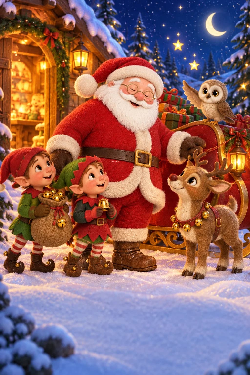 Le Père Noël et ses lutins préparent un traîneau sur un chemin de neige étoilé.
