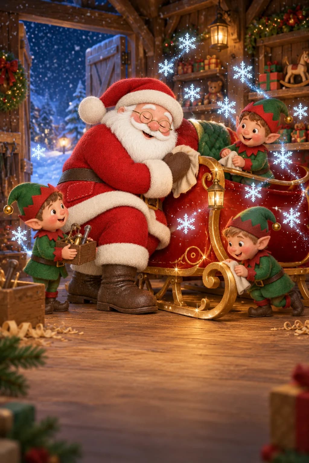 Le Père Noël et ses lutins préparent un traîneau rouge entouré de flocons brillants.