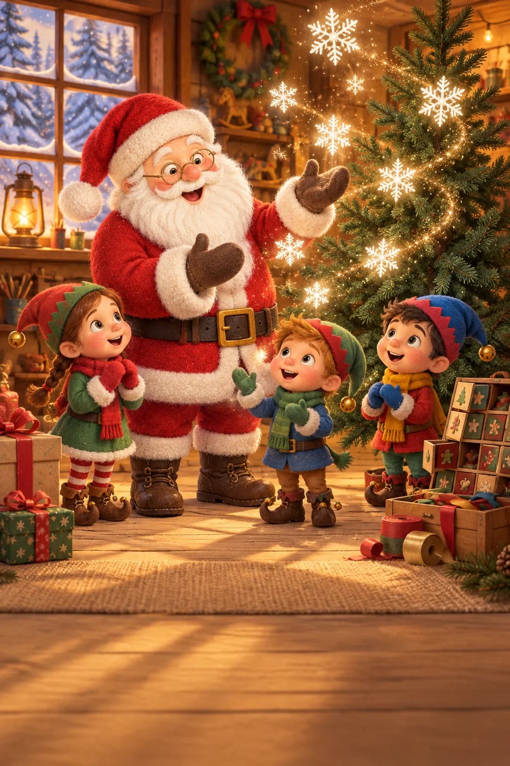 Le Père Noël et trois lutins regardent des flocons brillants tournoyer autour du grand sapin.