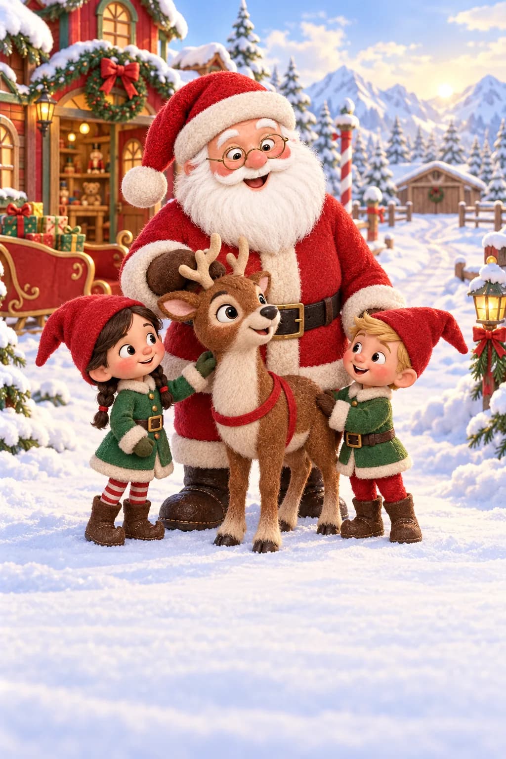 Noisette stands on a snowy path while Santa and two young elves watch near the workshop.
