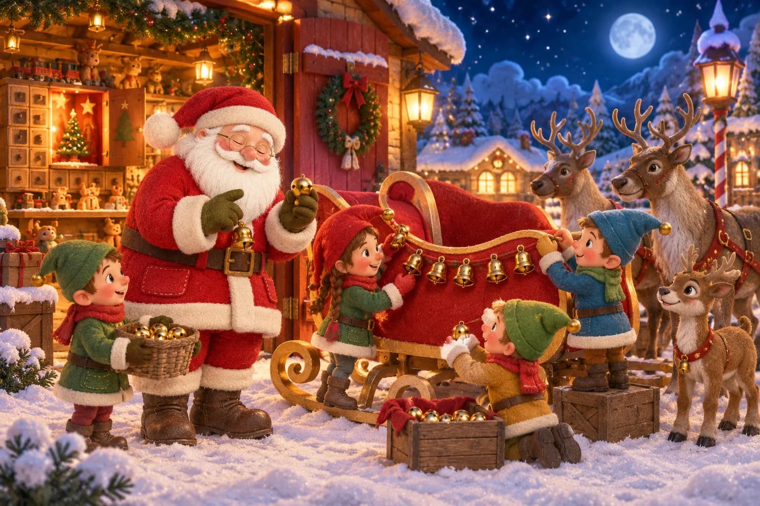 Dans la cour enneigée, le Père Noël compte douze grelots pendant que les lutins les attachent au traîneau doré.