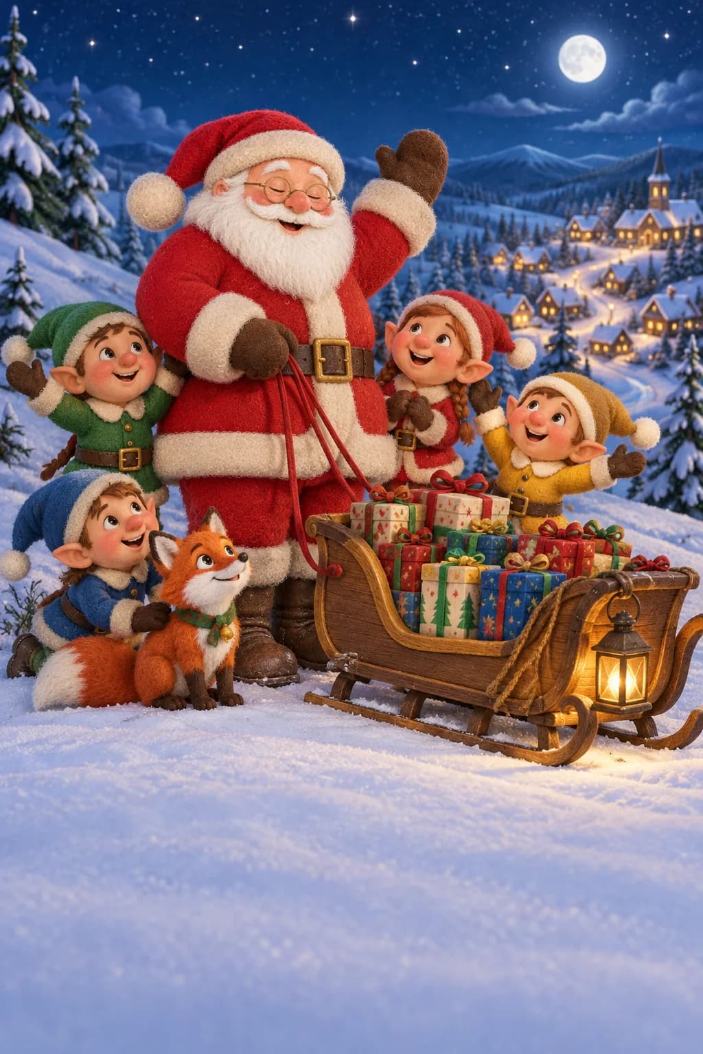 Le Père Noël, quatre lutins et Toupie observent douze paquets au sommet d’une colline enneigée.