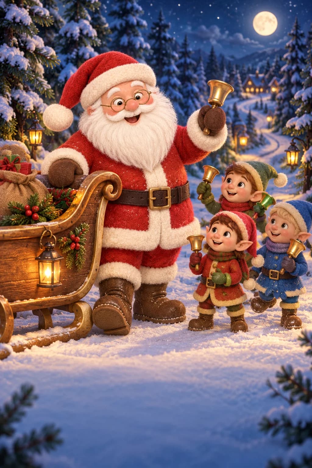 Le Père Noël et ses petits lutins observent un chemin enneigé bordé de sapins sous la lune.