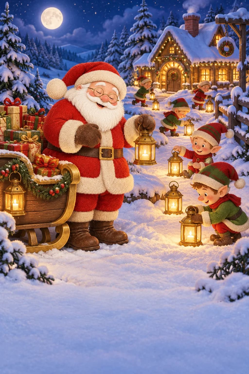 Le Père Noël et ses lutins préparent neuf lanternes devant le traîneau, sous la neige nocturne.