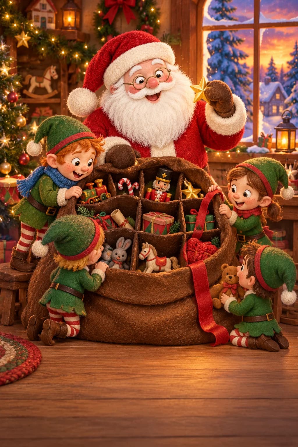 Le Père Noël et ses lutins cherchent des étoiles autour d’une grande hotte dans l’atelier enneigé.