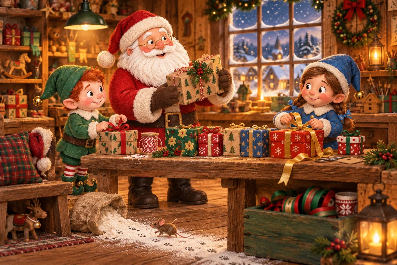 Le Père Noël ajuste ses lunettes dans l’atelier, tandis que Plume et Lili découvrent les cadeaux alignés entre les établis.