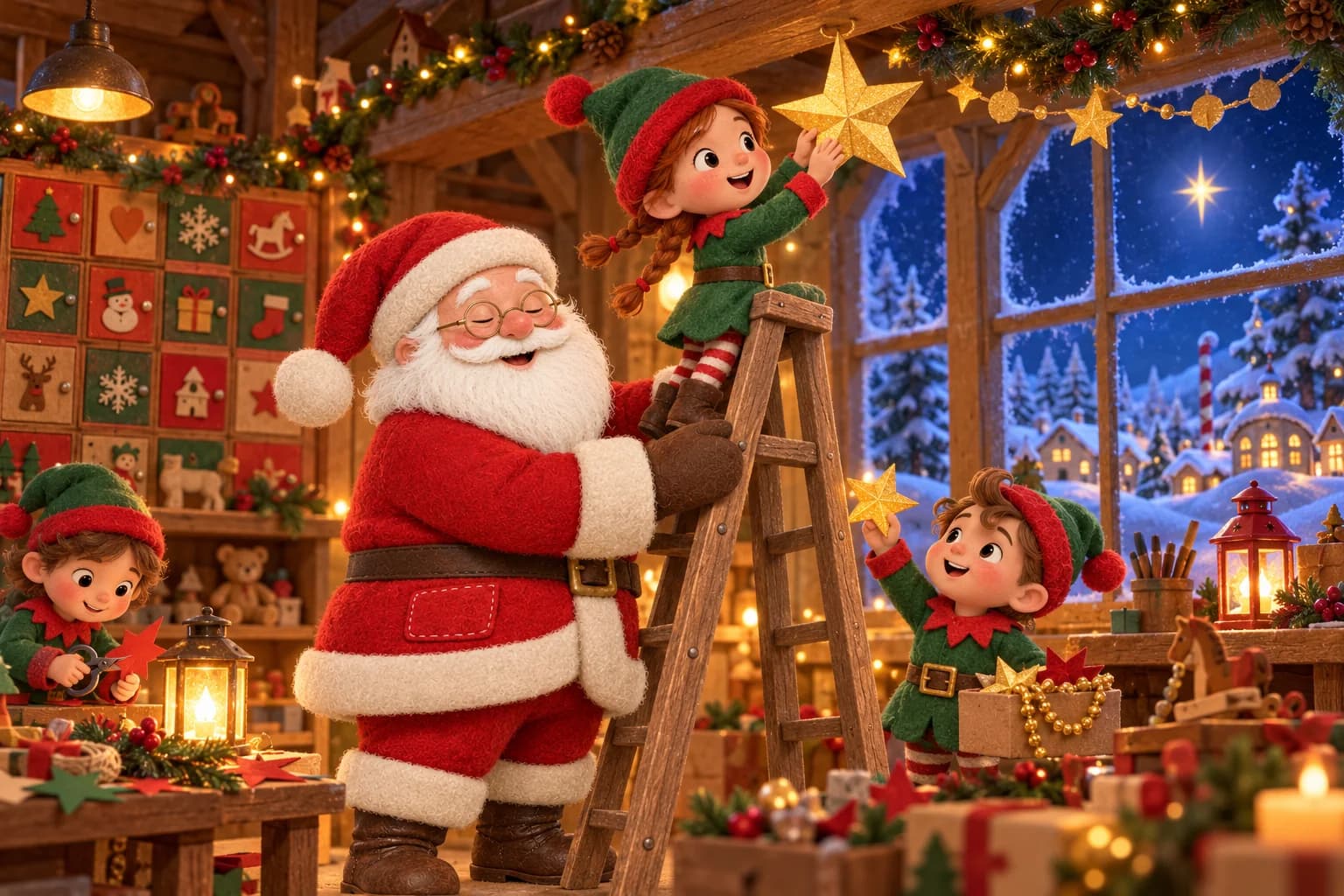 Dans l’atelier enneigé, le Père Noël tient une échelle tandis que Lila et Malo accrochent une étoile dorée.