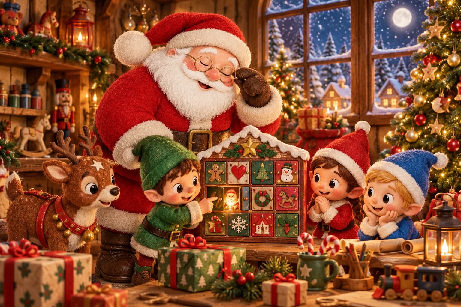 Dans l’atelier enneigé, le Père Noël ajuste ses lunettes tandis que trois lutins entourent un grand calendrier de l’Avent.