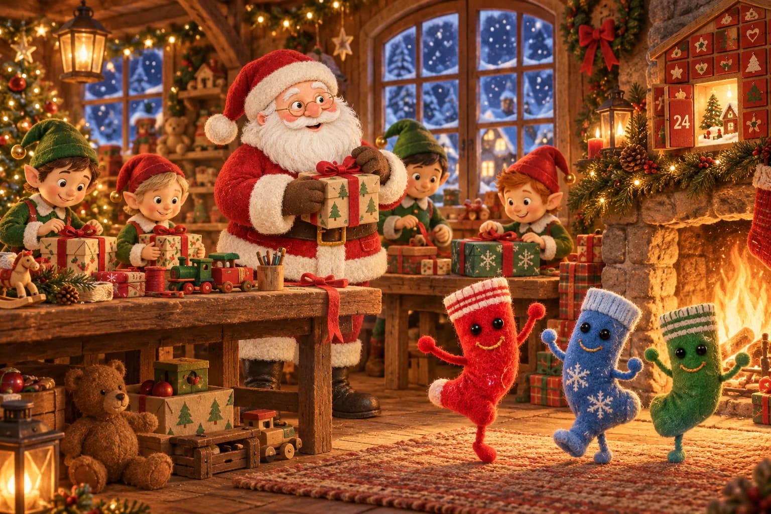 Dans l’atelier enneigé, le Père Noël surveille les lutins qui emballent des cadeaux. Près du feu, trois chaussettes commencent à danser.