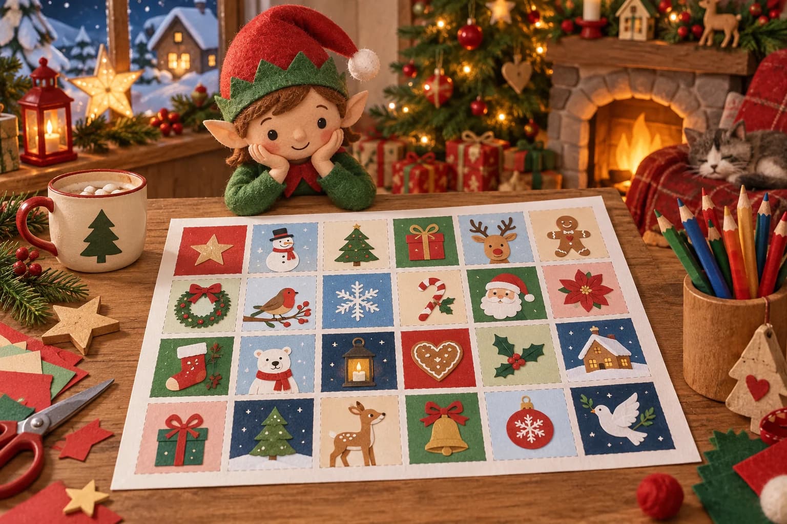 Grille de calendrier de l’Avent composée de 24 cases numérotées, avec une activité de Noël dans chaque case.